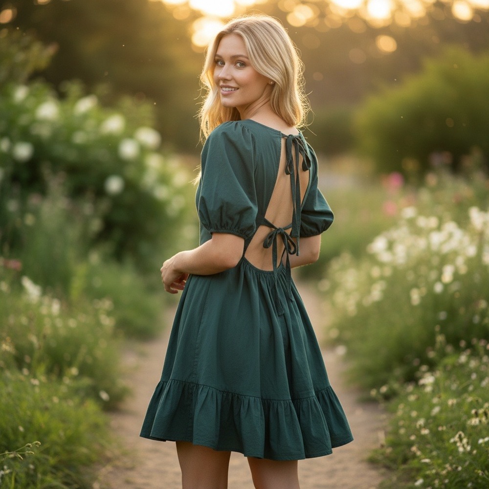 Peter Som Collective Women's Green Puff Sleeve Tiered Dress Open Tie Back Size 4